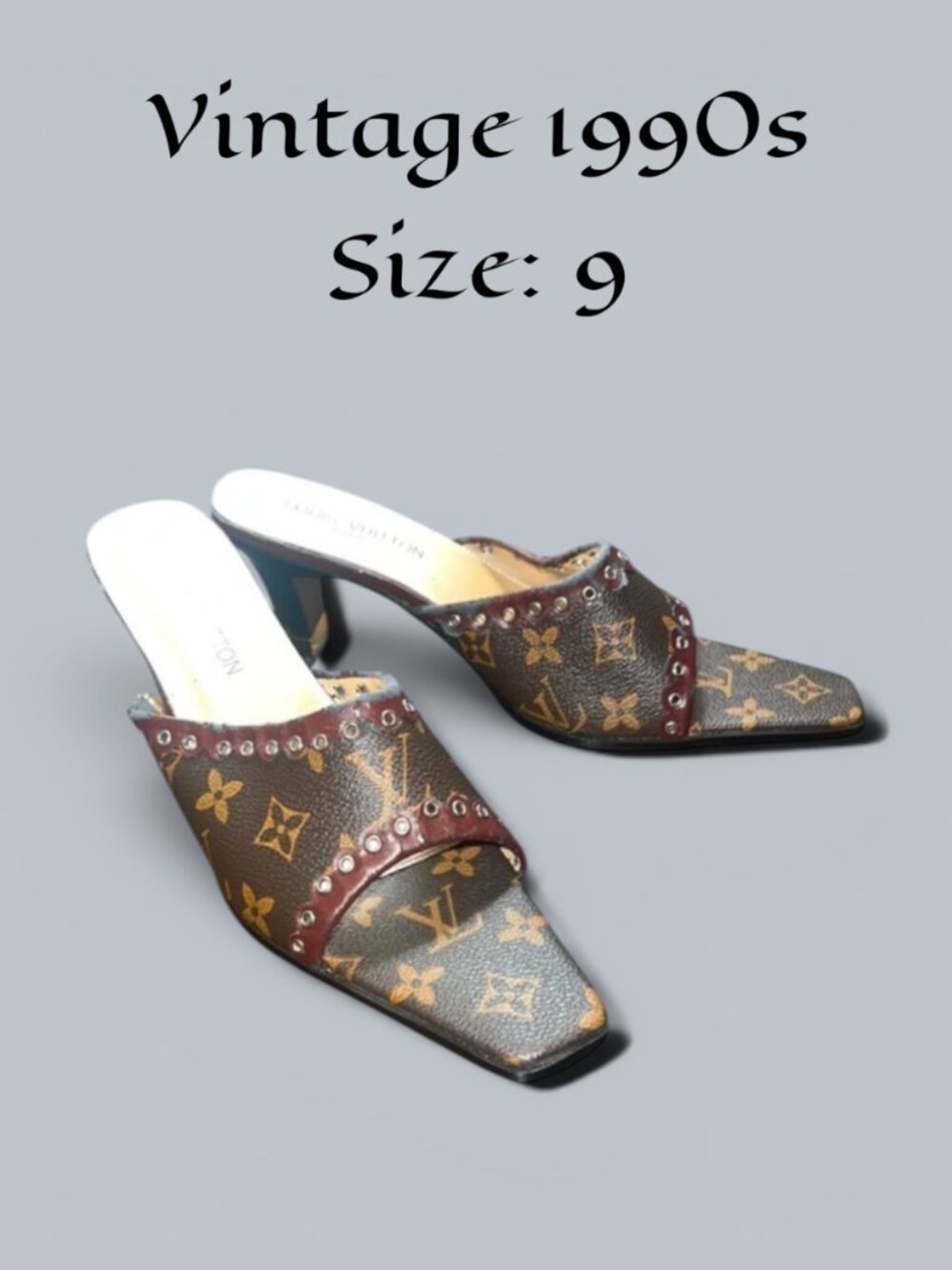Vintage 1990s Louis Vuitton Brown Monogram Canvas Sandals/Mules with Stud Detail